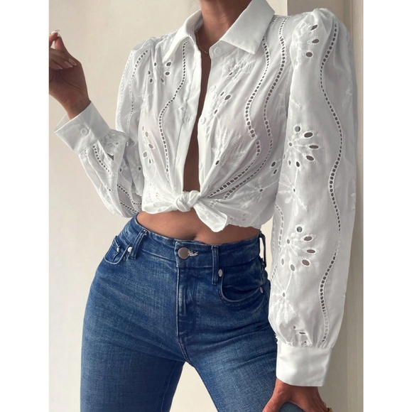 White Boho Eyelet Shirt, French Style Collar Button Front, Eyelet Embroidery - Picture 9 of 14